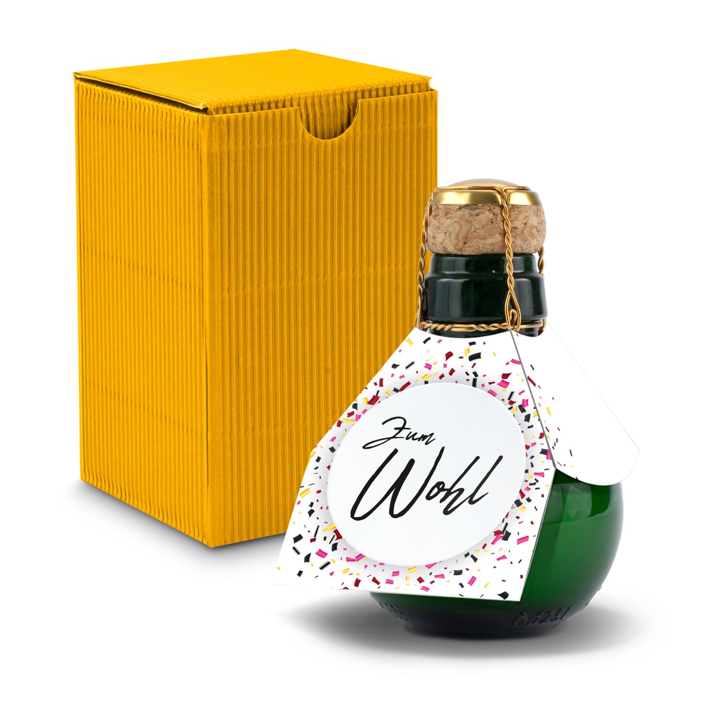 Origineller Sekt Zum Wohl- Karton Gelb, 125 ml 2K1358w1