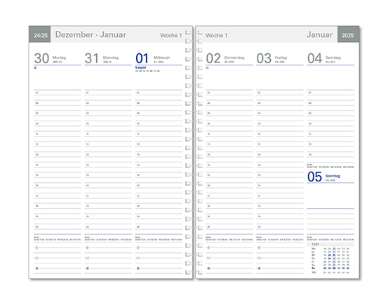 Wochentimer "Luxus" im Format 17 x 25 cm, deutsche Version, 128 Seiten, Wire-O-Bindung, ohne Eckenperforation, PP-Einband rot