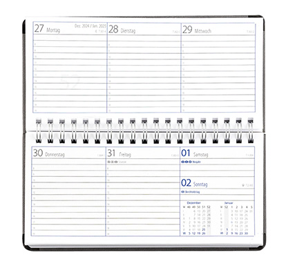 Taschenkalender "Horizontal" im Format 17 x 8 cm, deutsches Kalendarium Grau/Blau, 144 Seiten, Wire-O-Bindung, Eckenperforation, Deckelpaar Slinky rot