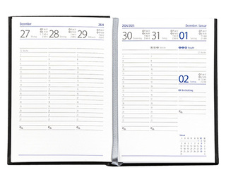 Taschenkalender "Taschenbuch Woche" im Format 10,5 x 14,8 cm, deutsches Kalendarium Grau/Blau mit Leseband, 144 Seiten Fadenheftung, Einband Fashion mittelgrau