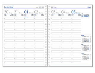 Wochenkalender "Klassik D Wire" im Format 14,5 x 20,5 cm, deutsches Kalendarium Grau/Blau, 144 Seiten, Wire-O-Bindung, mit Eckenperforation, Deckelpaar Balacron dunkelblau