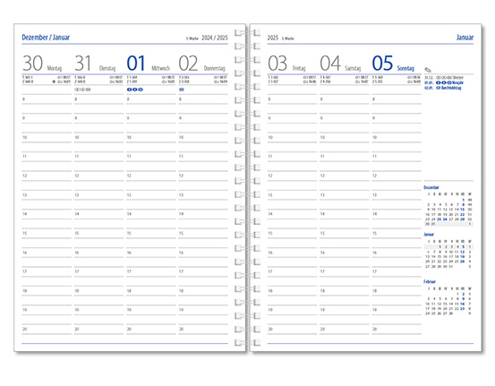 Wochenkalender "Klassik D Wire" im Format 14,5 x 20,5 cm, deutsches Kalendarium Grau/Blau, 144 Seiten, Wire-O-Bindung, mit Eckenperforation, Deckelpaar Balacron schwarz