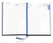 Buchkalender "Daily Chefkalender INT" im Format 14,5 x 20,5 cm, Kalendarium 4-sprachig D/F/I/GB Grau/Blau mit 2 Lesebändern, 416 Seiten Fadenheftung, Eckenperforation, Einband Fashion dunkelblau