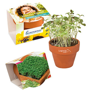Logo-Töpfchen Komplettbanderole mit Samen - Gartenkresse