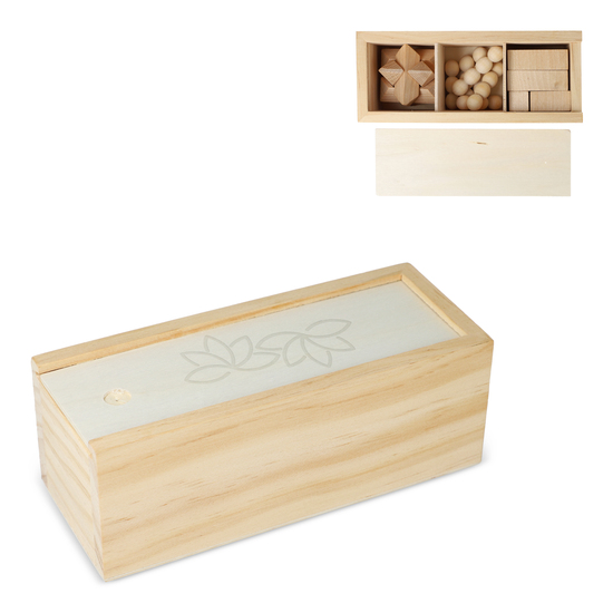 Dieses nachhaltige Set enthält drei spannende Denkspiele: ein Sternenpuzzle, ein Pyramidenpuzzle und ein 3D-Würfelpuzzle, die alle aus FSC-Holz gefertigt sind. Sie sind in einer FSC-Holzbox